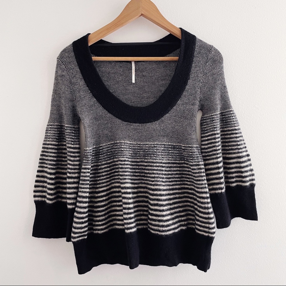 Free People Black White Striped Wool Scoop Neck Pullover Sweater Small